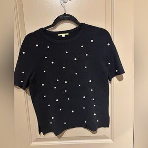 HOLIDAY SWEATER: Black Short Sleeve Sweater with Pearl Details
